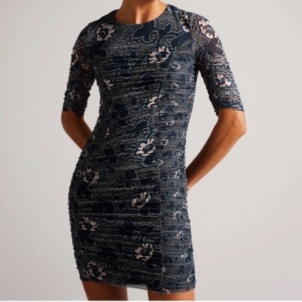 Ted Baker Velvit Mesh Floral Print Ruched Blue Bodycon Dress Statement Sleeves